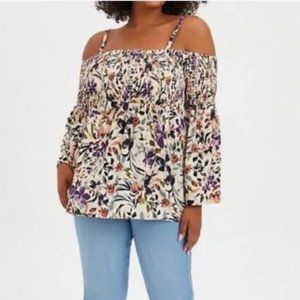 Torrid Challis Floral Taupe Cold Shoulder Blouse Size 00 (10 or M-L)